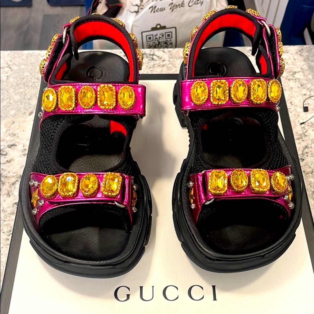 Gucci sport sandals Pink and Black  with Yellow Gems
